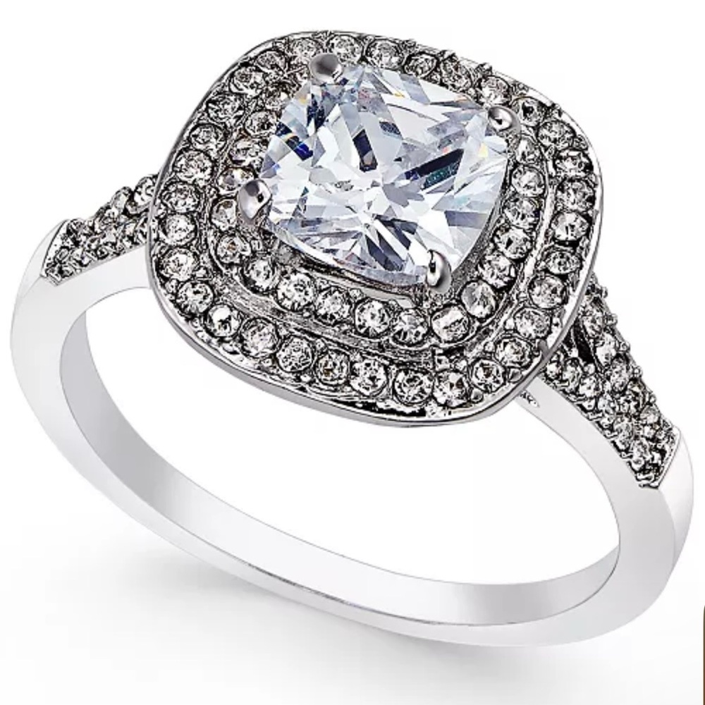 💍New Macy’s Charter Club Elegant Silver Plated CZ Halo Cushion Engagement Ring 7